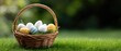 © pvl0707 - Colorful easter eggs sit in a woven basket on green grass with space for messages and greetings for the holiday celebration in springtime
