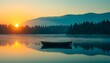 © hubaib - A serene boat floats on a calm lake at sunset surrounded by mountains and trees.