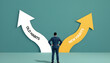 © sahli - Old habits vs new habits concept, businessman standing in front of arrow written old vs new habits, dilemma choice, positive thinking and motivation to change for better