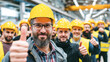 © Kowit - A group of construction workers wearing yellow helmets and safety vests give thumbs up, standing in a bright industrial warehouse.