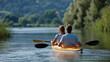 © Laura - Faceless man and woman kayaking on calm lake, tandem paddling, outdoor water recreation, peaceful aquatic activity, nature adventure, couple leisure experience, with copy space