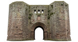 Medieval stone gatehouse isolated PNG on transparent background, ancient castle entrance with archway and weathered stonework, historical architecture