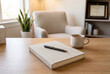 © ABmachine - A tidy desk with a notebook, pen, and coffee mug in a well-lit room.