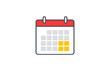 © Georgy - A flat vector illustration of a calendar icon featuring a red header and a grid of grey and yellow squares on a black background. It represents scheduling, planning, and time management.
