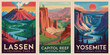 © MOSTAMBIA - Lassen Volcanic National Park poster, towering orange-red sandstone cliffs with winding two-lane road and beige text