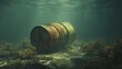 © vladim_ka - Nuclear waste barrel tilts on seabed surrounded by algae in underwater environment