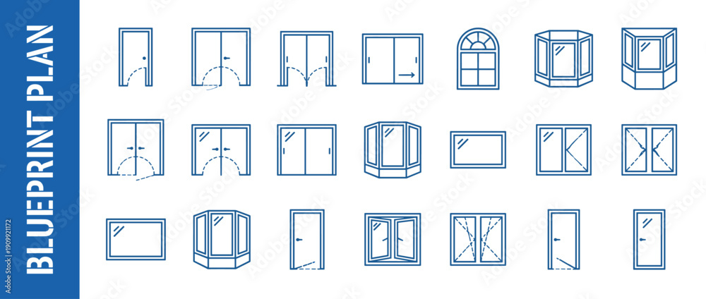 Comprehensive set of architectural blueprint plan icons for doors and ...