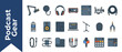 © Saqib GFX - Comprehensive Flat Design Icon Set of Professional Podcast Gear and Audio Recording Equipment Featuring Microphones, Headphones, Mixers, Interfaces, Cables, and Studio Accessories for Streaming Media