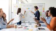 © MUGISHA - Diverse business team brainstorming next gen ideas on whiteboard with sticky notes in modern office meeting, innovation pipeline strategy workshop, teamwork collaboration