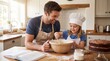 © MUGISHA - Happy father and daughter baking together in home kitchen. Family cooking bonding time. Dad teaching child to bake cake. Quality time parenting togetherness
