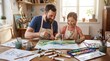 © Aeron - Father daughter bonding painting together creative art activity home studio. Family quality time artistic hobby watercolor craft. Parent child relationship learning education fun lifestyle