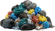 © PNG Creative - A large messy pile of colorful plastic garbage bags crumpled plastic bottles and discarded cardboard waste representing pollution and environmental issues trash rubbish litter