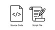 © Raisul54 - Source code icon with angle brackets and script file icon with feather quill pen for programming and writing content.