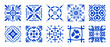 © Azat Valeev - Mediterranean ceramic tile pattern with blue Amalfi lemons and white mosaic ornaments. Seamless Italian design with traditional Sicilian fruit, summer sun icons, and vintage Positano aesthetic.