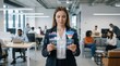 © AIVAIA - A professional young woman standing in a modern office holding various credit cards with a blurred background of colleagues working at desks.