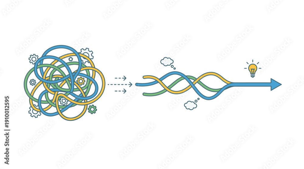 Tangle lines unravelling into straight arrow path. Chaos to order ...