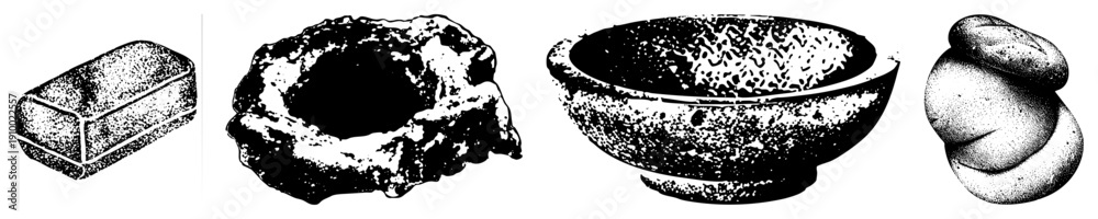 Stone tablet, ritual bowl, mortar, stacked stones ancient ...
