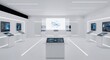 © Djemari - A futuristic, minimalist white room with multiple interactive digital displays showcasing abstract scientific or technological graphics.