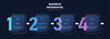 © DANN - Modern business infographic template designed in glassmorphism style featuring a 4-step process layout with transparent frosted glass panels and neon blue gradient glow