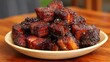 © วรรณภา มะโนศรี - Deliciously Crispy Pork Belly Bites Served on a Wooden Plate with Glazed Appearance Perfect for Gourmet Food Photography