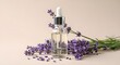 © Luxc - editorial flat lay of a clear glass essential oil bottle with dropper, filled with pale lavender oil