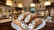 © siskastudio - A tempting plate of crisp cannoli shells, filled with sweet cream and chocolate chips, captured in a cozy bakery setting on.