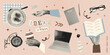 © Dukhanina Ekaterina - Creative workspace collage with coffee, books, stationery, desk objects in retro halftone style. Black white isolated cutout elements. Vintage lifestyle vector illustration for modern work concepts