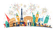 © Asap - Vibrant illustration of a boy and family celebrating Global Tourism Resilience Day with fireworks and iconic landmarks around the world for a colorful World Tourism Campaign.