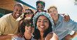 © WesJVR/peopleimages.com - Portrait, selfie and summer with friends outdoor for bonding, social media and holiday connection. Vacation getaway, happiness and photography with group of people on patio of home or resort as pov