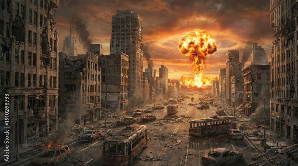 Ilustración de Stock Empty city street with building ruins and dramatic ...
