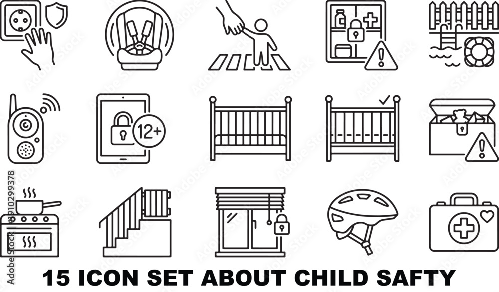 Stock-Vektorgrafik „Child safety icons set with various symbols for ...