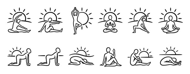 Naklejka na meble Minimalist black line art yoga poses with sun symbols illustrate various wellness and meditation practices in a clean, modern icon collection