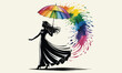 © Mahadi's World - Silhouette woman holding rainbow umbrella with flowing dress and colorful paint splash symbolizing creativity diversity freedom art motion imagination expression
