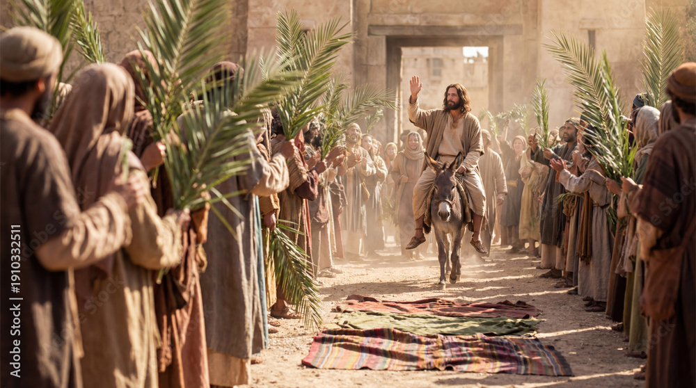 Jesus Christ riding a donkey during his triumphal entry into Jerusalem ...
