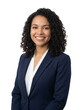 © Pear Studio - A confident and smiling young professional woman wearing a dark blue suit and white blouse, posing against a clean white background.