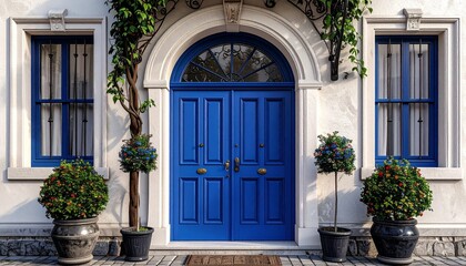  Elegant Blue Front Door with Stone Facade, Arched Window, Shutters, and Symmetrical Potted Plants
