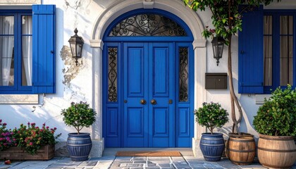  Elegant Blue Front Door with Stone Facade, Arched Window, Shutters, and Symmetrical Potted Plants