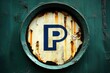 © Tom - weathered circular metal parking sign with blue letter, peeling paint and rust on a green surface, evoking abandonment and decay