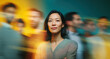 © Parisa - Confident Asian Businesswoman Standing Still in a Busy Fast-Paced Teal and Orange Office Environment