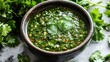 © Mariya - glossy fresh herb sauce in rustic ceramic bowl with cilantro garnish and scattered cilantro leaves, vibrant and zesty