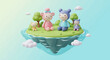 © santi - Four adorable stuffed bears sit on a floating island amidst clouds and trees