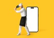 © Pixel-Shot - Angry male chef with frying pan and big mobile phone with blank screen on yellow background