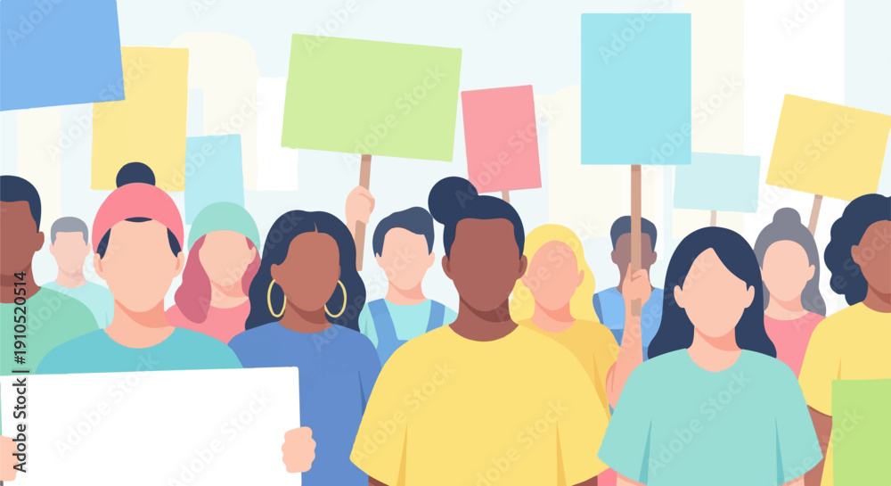 Diverse group of people holding blank signs in a protest demonstration ...