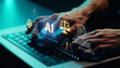 © SENAVART - Artificial intelligence law and ethics concept. Man typing on laptop with digital interface of AI regulation, policy, and justice scales. Compliance standards for responsible technology