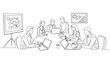 © Aura Visuals - Line drawing of a diverse group of people collaborating in a meeting room around a table with laptops and a projector on a transparent background