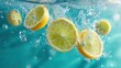 © backup_studio - Fresh lemon slices splash into vibrant turquoise water. Refreshing citrus fruit in aqua with bubbles, a healthy invigorating beverage ingredient for cool drinks.