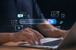 © IDOL'foto - Digital Creator Typing Prompt on Laptop with AI Icons Representing Generative Content Tools for Text, Image, Code, Video and Voice in Modern Office Setting Showcasing Future of Artificial Intelligence
