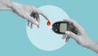 © RASHIDAPARVIN - Glucose meter with blood drop and hands holding device for diabetes test featuring finger prick, health monitoring, medical care with healthcare and glucometer elements, clean composition on simple