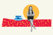 © deagreez - 3d trendy image photo collage of happy businesswoman freelancer type laptop coffee beverage tea order lunch americano serving