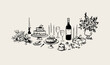 © ka_lou - Minimalist hand drawn food and drink vector illustration. Wine, champagne glass, cheese, cake drawings for wedding invitations, menus and parties. Ink doodle sketch style